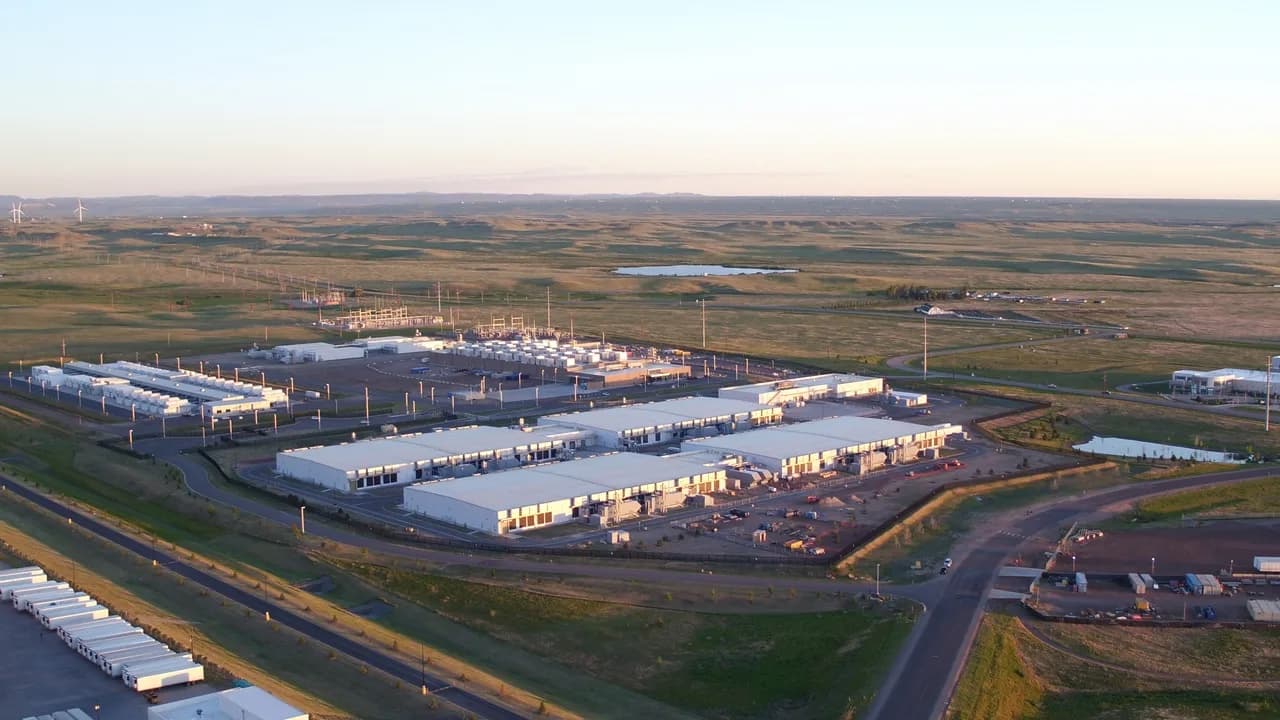 Microsoft Azure data center in Cheyenne, Wyoming, drone view at golden hour
