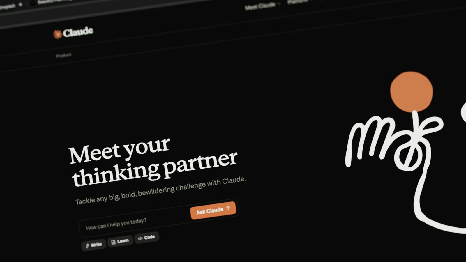 Digital workspace showing a website interface with text and abstract drawing on screen, evoking AI-assisted research and analysis.